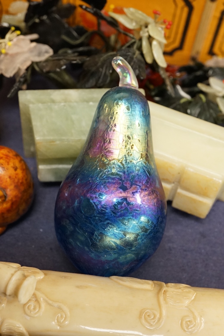 A group of mixed collectables including postcards, bone items, Chinese miniature hardstone flowers, etc.